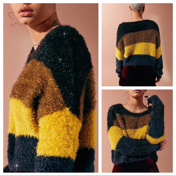 Urban Outfitters Sweaters - NWT UO Fuzzy Glitter Striped Sweater Navy Blue